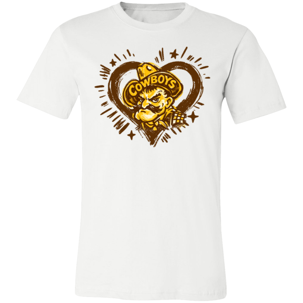 Wyoming pride design featuring Pistol Pete framed in a bold heart on a white T-shirt.