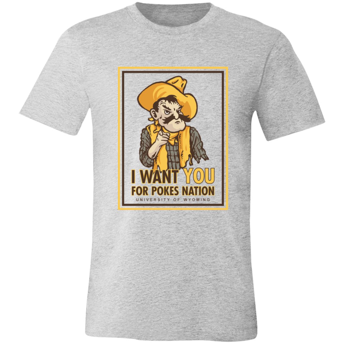 Wyoming Cowboys fan poster featuring a vintage cowboy with 'I Want You for Pokes Nation' design on a gray t-shirt.